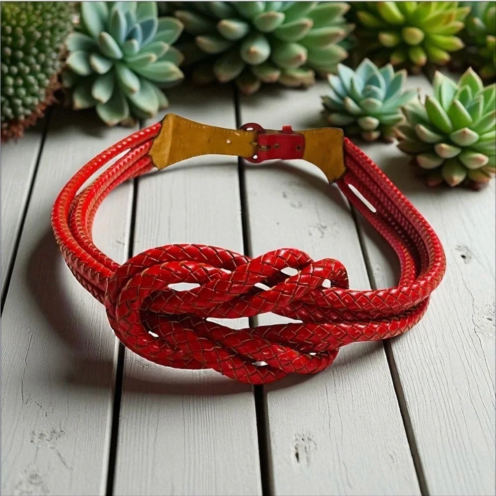 Vintage Red Braided Leather Belt with Knot Detail | Adjustable